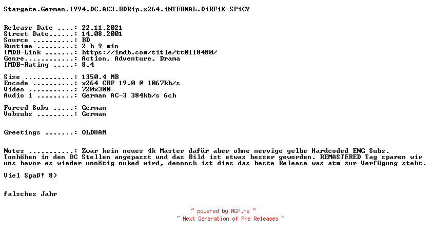 NFO for the release Stargate.German.1994.DC.AC3.BDRip.x264.iNTERNAL.DiRFiX-SPiCY by SPiCY
