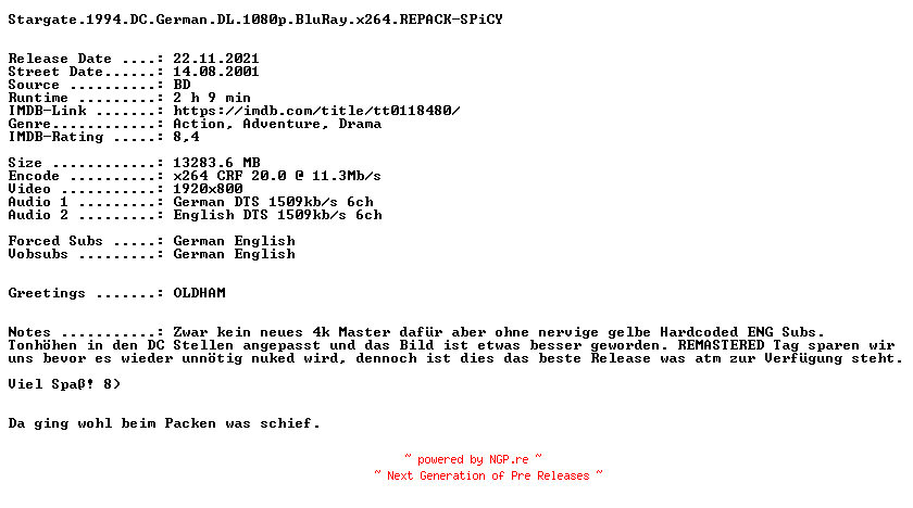 NFO for the release Stargate.1994.DC.German.DL.1080p.BluRay.x264.iNTERNAL.REPACK-SPiCY by SPiCY