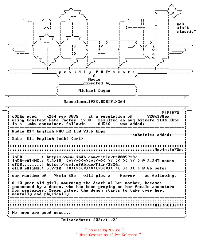 NFO for the release Mausoleum.1983.BDRIP.X264-WATCHABLE by WATCHABLE