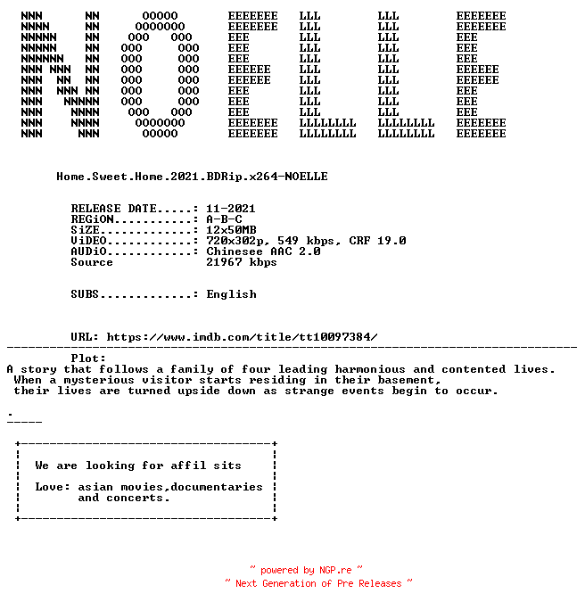 NFO for the release Home.Sweet.Home.2021.BDRip.x264-NOELLE by NOELLE