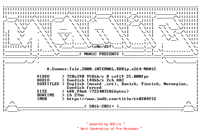 NFO for the release A.Summer.Tale.2000.iNTERNAL.BDRip.x264-MANiC by MANiC