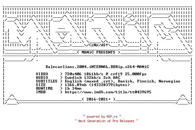 NFO for the release Dalecarlians.2004.iNTERNAL.BDRip.x264-MANiC by MANiC