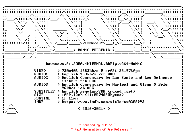NFO for the release Downtown.81.2000.iNTERNAL.BDRip.x264-MANiC by MANiC