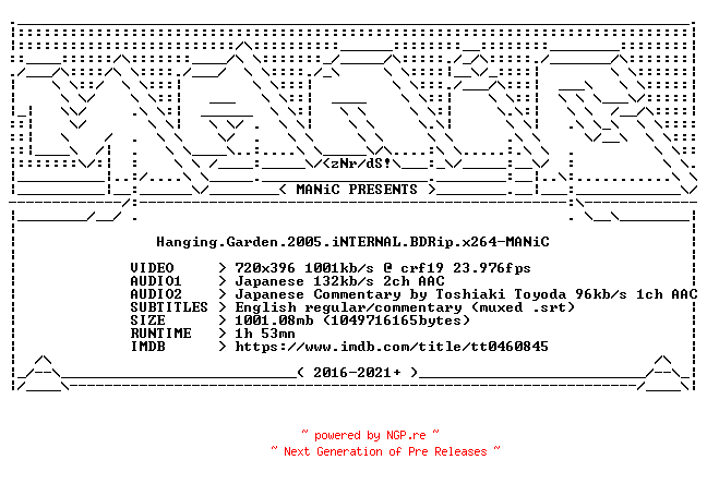 NFO for the release Hanging.Garden.2005.iNTERNAL.BDRip.x264-MANiC by MANiC