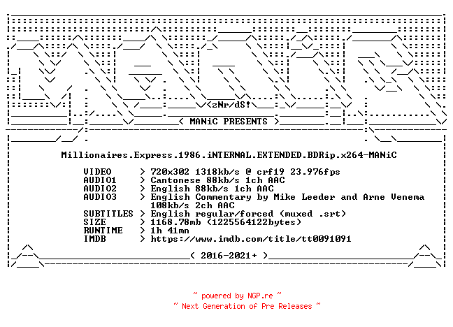 NFO for the release Millionaires.Express.1986.iNTERNAL.EXTENDED.BDRip.x264-MANiC by MANiC