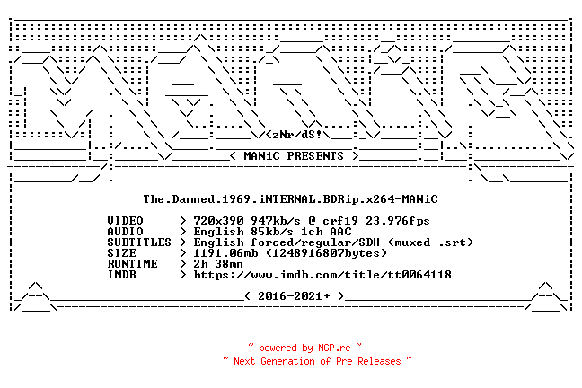 NFO for the release The.Damned.1969.iNTERNAL.BDRip.x264-MANiC by MANiC