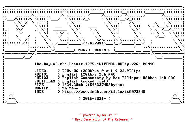 NFO for the release The.Day.of.the.Locust.1975.iNTERNAL.BDRip.x264-MANiC by MANiC