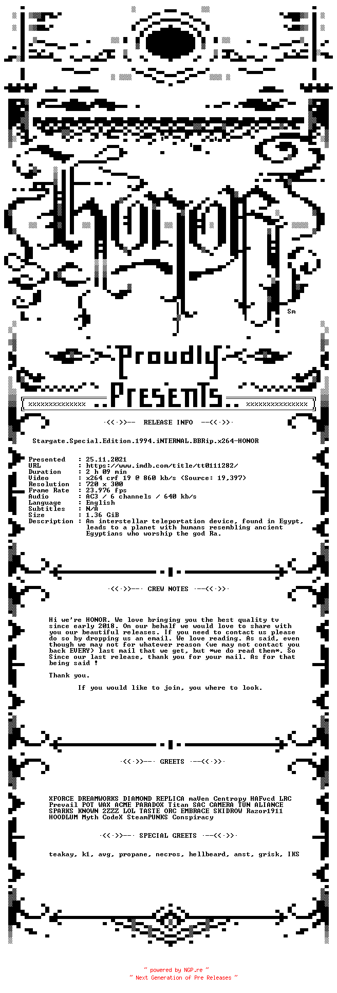 NFO for the release Stargate.Special.Edition.1994.iNTERNAL.BDRip.x264-HONOR by HONOR