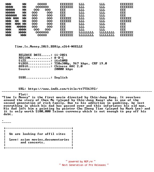 NFO for the release Time.Is.Money.2015.BDRip.x264-NOELLE by NOELLE