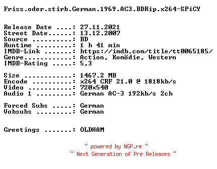 NFO for the release Friss.oder.stirb.German.1969.AC3.BDRip.x264-SPiCY by SPiCY