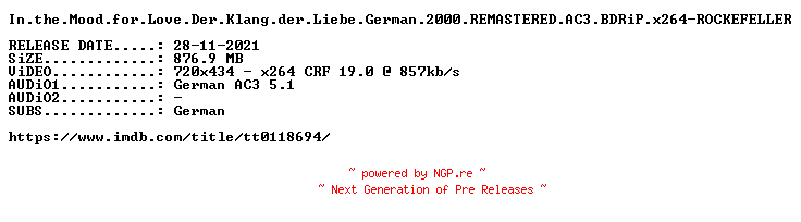 NFO for the release In.the.Mood.for.Love.Der.Klang.der.Liebe.German.2000.REMASTERED.AC3.BDRiP.x264-ROCKEFELLER by ROCKEFELLER