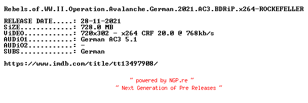 NFO for the release Rebels.of.WW.II.Operation.Avalanche.German.2021.AC3.BDRiP.x264-ROCKEFELLER by ROCKEFELLER