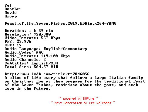 NFO for the release Feast.of.the.Seven.Fishes.2019.BDRip.x264-YAMG by YAMG