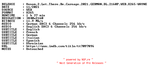 NFO for the release Venom.2.Let.There.Be.Carnage.2021.GERMAN.DL.2160P.WEB.X265-WAYNE by WAYNE