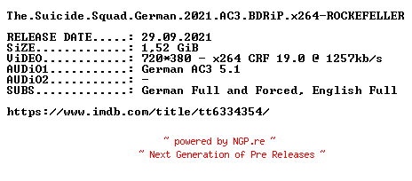 NFO for the release The.Suicide.Squad.German.2021.AC3.BDRiP.x264-ROCKEFELLER by ROCKEFELLER