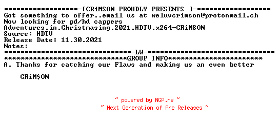 NFO for the release Adventures.in.Christmasing.2021.HDTV.x264-CRiMSON by CRiMSON