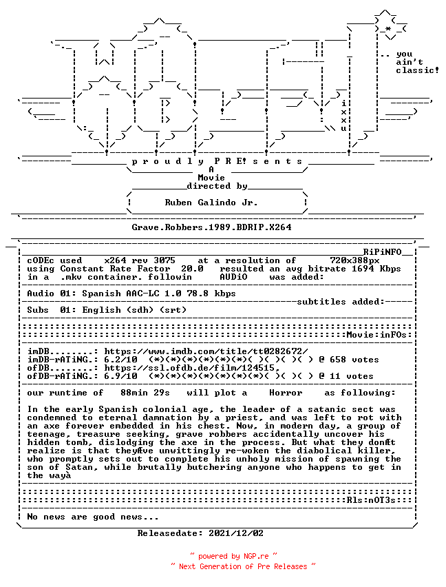 NFO for the release Grave.Robbers.1989.BDRIP.X264-WATCHABLE by WATCHABLE