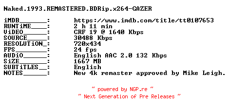 NFO for the release Naked.1993.REMASTERED.BDRip.x264-GAZER by GAZER