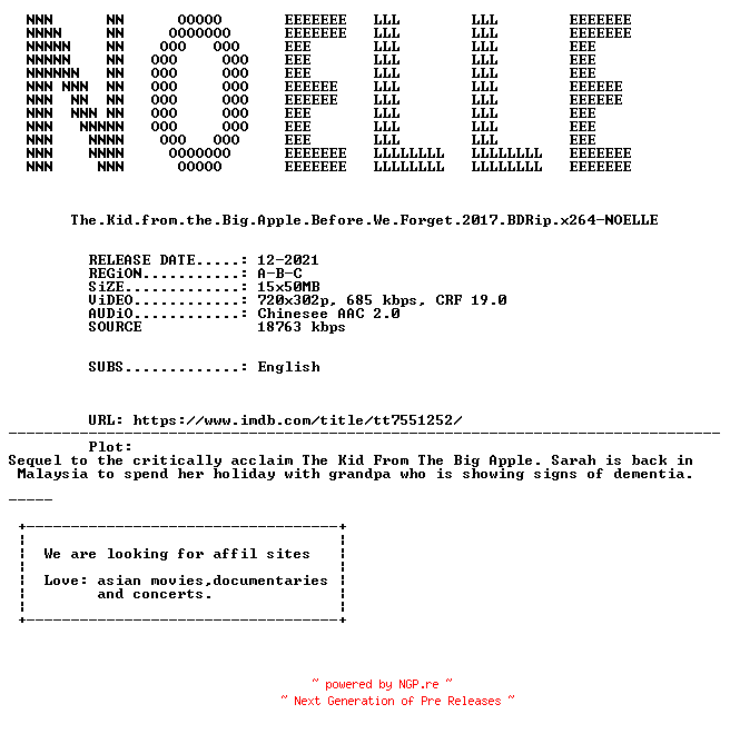 NFO for the release The.Kid.from.the.Big.Apple.Before.We.Forget.2017.BDRip.x264-NOELLE by NOELLE