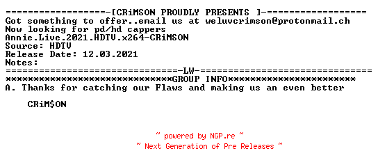 NFO for the release Annie.Live.2021.HDTV.x264-CRiMSON by CRiMSON