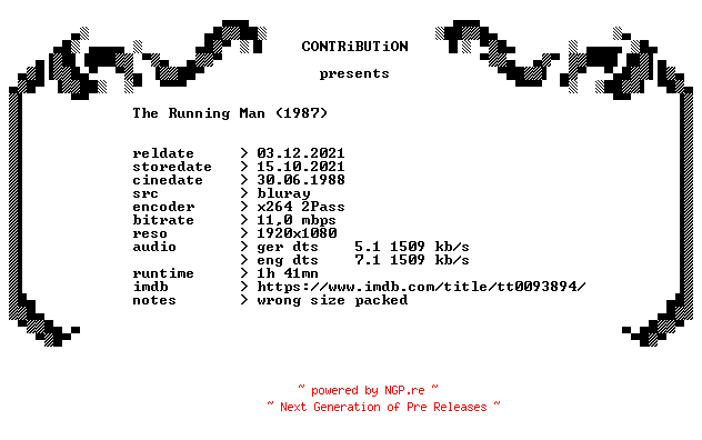 NFO for the release The.Running.Man.1987.REMASTERED.German.DL.1080p.BluRay.x264.REPACK-CONTRiBUTiON by CONTRiBUTiON