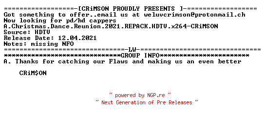 NFO for the release A.Christmas.Dance.Reunion.2021.REPACK.HDTV.x264-CRiMSON by CRiMSON