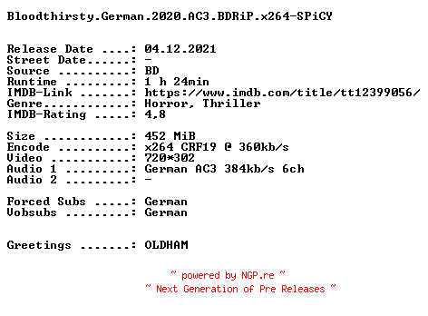 NFO for the release Bloodthirsty.German.2020.AC3.BDRiP.x264-SPiCY by SPiCY