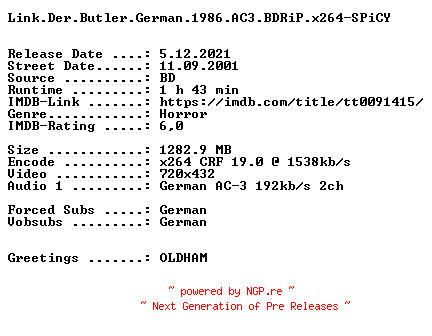 NFO for the release Link.Der.Butler.German.1986.REMASTERED.AC3.BDRiP.x264-SPiCY by SPiCY