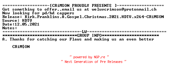 NFO for the release Kirk.Franklins.A.Gospel.Christmas.2021.HDTV.x264-CRiMSON by CRiMSON