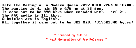 NFO for the release Kate.The.Making.of.a.Modern.Queen.2017.HDTV.x264-SUiCiDAL by SUiCiDAL