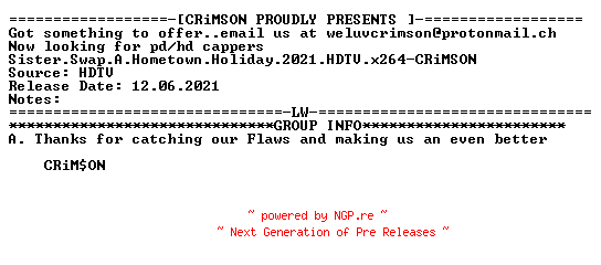NFO for the release Sister.Swap.A.Hometown.Holiday.2021.HDTV.x264-CRiMSON by CRiMSON