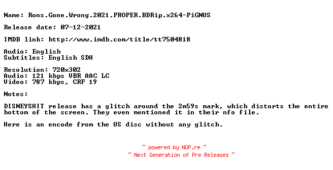 NFO for the release Rons.Gone.Wrong.2021.PROPER.BDRip.x264-PiGNUS by PiGNUS