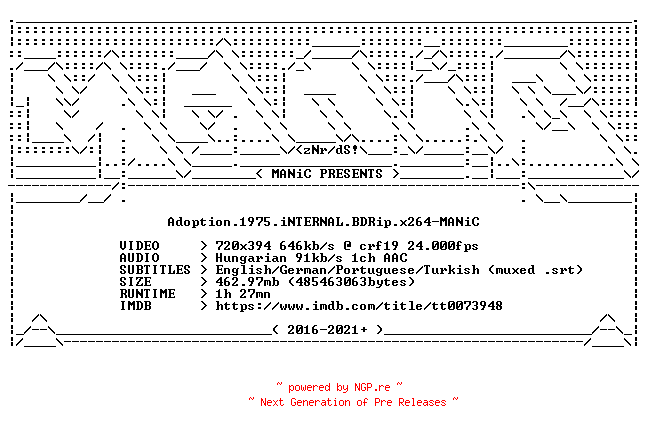 NFO for the release Adoption.1975.iNTERNAL.BDRip.x264-MANiC by MANiC