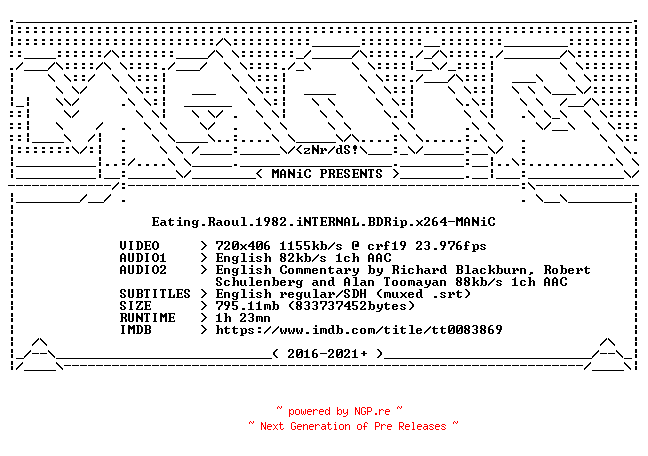 NFO for the release Eating.Raoul.1982.iNTERNAL.BDRip.x264-MANiC by MANiC