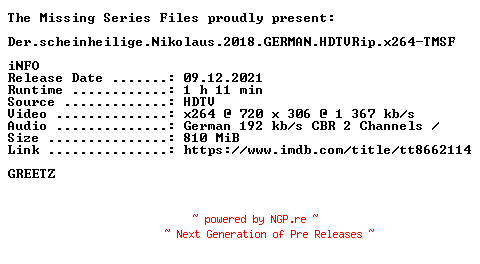 NFO for the release Der.scheinheilige.Nikolaus.2018.GERMAN.HDTVRip.x264-TMSF by TMSF