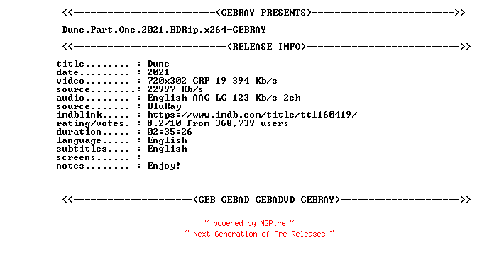 NFO for the release Dune.Part.One.2021.BDRip.x264-CEBRAY by CEBRAY