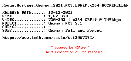 NFO for the release Rogue.Hostage.German.2021.AC3.BDRiP.x264-ROCKEFELLER by ROCKEFELLER