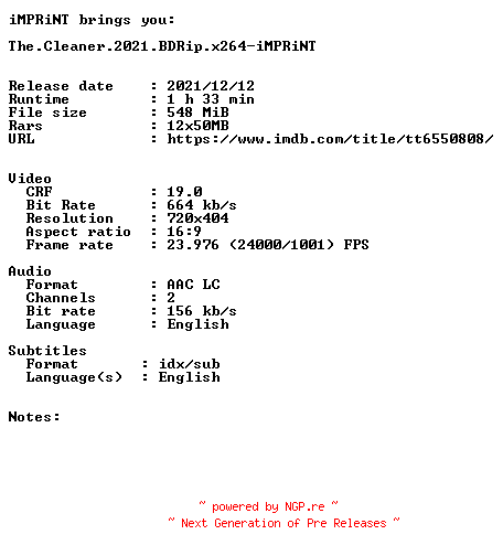 NFO for the release The.Cleaner.2021.BDRip.x264-iMPRiNT by iMPRiNT