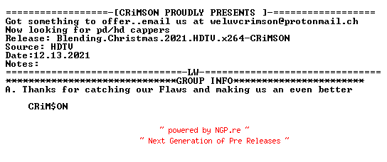 NFO for the release Blending.Christmas.2021.HDTV.x264-CRiMSON by CRiMSON