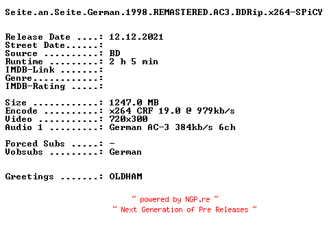 NFO for the release Seite.an.Seite.German.1998.REMASTERED.AC3.BDRip.x264-SPiCY by SPiCY