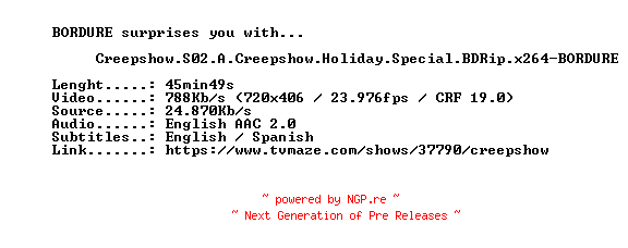 NFO for the release Creepshow.S02.A.Creepshow.Holiday.Special.BDRip.x264-BORDURE by BORDURE