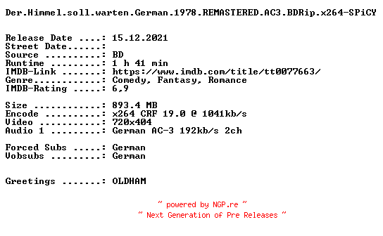 NFO for the release Der.Himmel.soll.warten.German.1978.REMASTERED.AC3.BDRip.x264-SPiCY by SPiCY