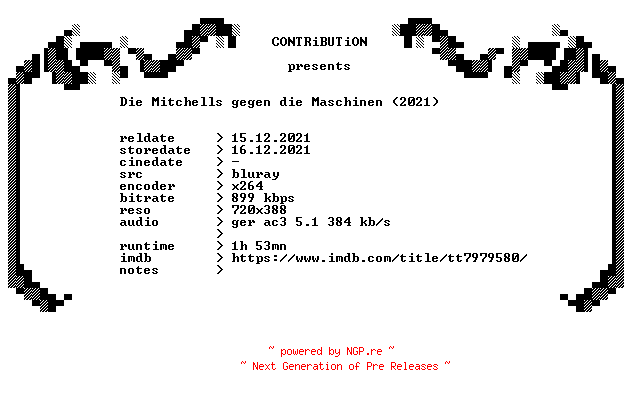 NFO for the release Die.Mitchells.gegen.die.Maschinen.2021.ALTERNATiVE.CUT.German.BDRip.x264-CONTRiBUTiON by CONTRiBUTiON