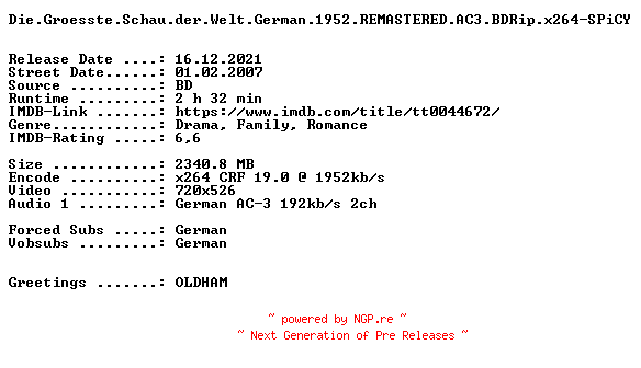 NFO for the release Die.Groesste.Schau.der.Welt.German.1952.REMASTERED.AC3.BDRip.x264-SPiCY by SPiCY