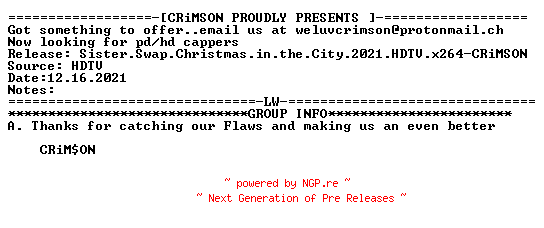 NFO for the release Sister.Swap.Christmas.in.the.City.2021.HDTV.x264-CRiMSON by CRiMSON