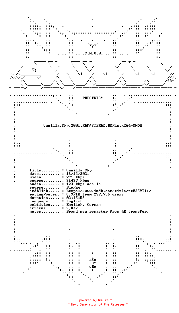 NFO for the release Vanilla.Sky.2001.REMASTERED.BDRip.x264-SNOW by SNOW