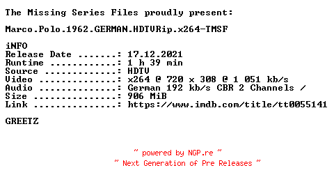 NFO for the release Marco.Polo.1962.GERMAN.HDTVRip.x264-TMSF by TMSF
