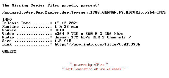 NFO for the release Rapunzel.oder.Der.Zauber.der.Traenen.1988.GERMAN.FS.HDTVRip.x264-TMSF by TMSF