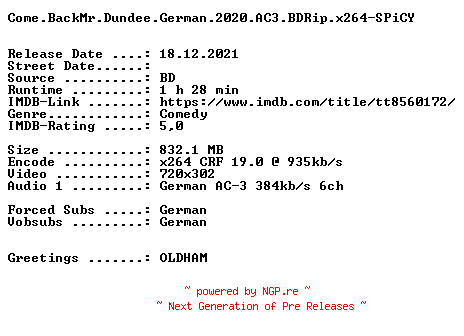 NFO for the release Come.Back.Mr.Dundee.German.2020.AC3.BDRip.x264-SPiCY by SPiCY