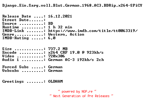 NFO for the release Django.Ein.Sarg.voll.Blut.German.1968.AC3.BDRip.x264-SPiCY by SPiCY